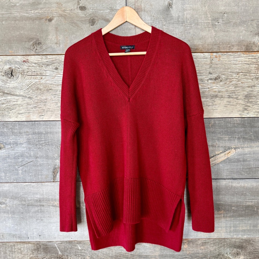 Beyond Yoga V-Neck‎ Wool Cashmere Blend Sweater Tunic XS Red Oversized Luxury